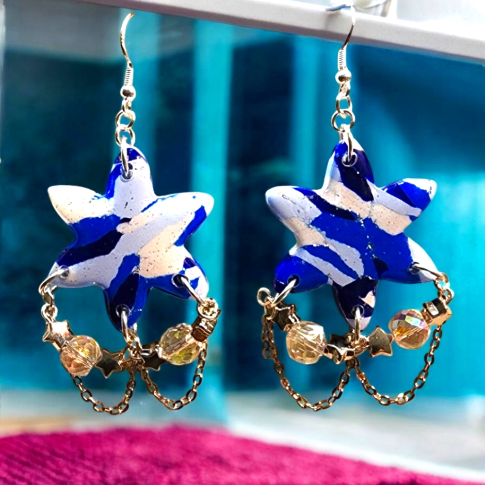 Handmade Polymer Clay Blue and White Stars with Glass beads